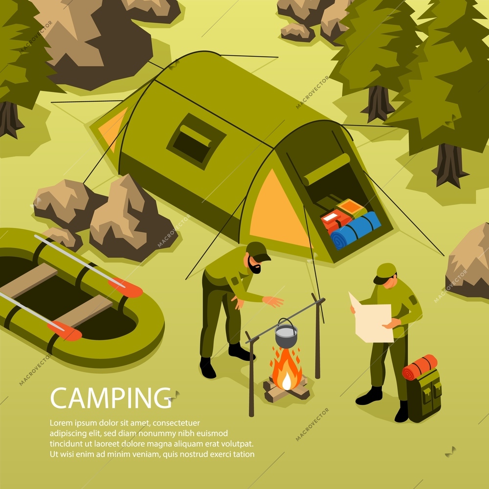 Summer vacation camping survival trip adventures isometric composition with tent boat campfire cooking in forest vector illustration