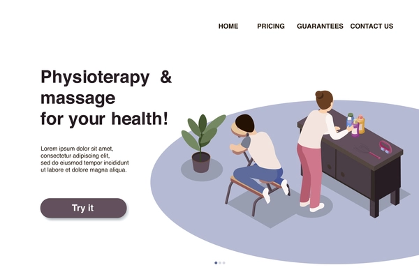 Massage therapy isometric web site background for landing page with button clickable links and editable text vector illustration