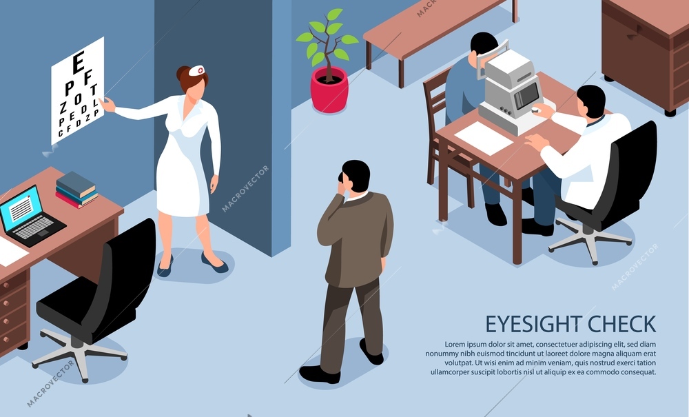 People with vision impairment blind isometric horizontal banner of eye examination test by ophthalmologist optometrist vector illustration