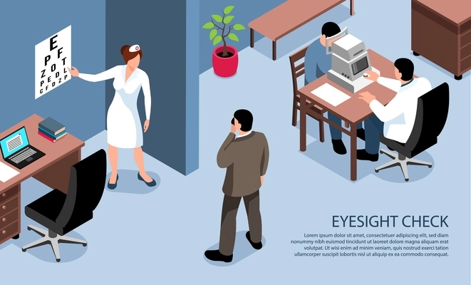 People with vision impairment blind isometric horizontal banner of eye examination test by ophthalmologist optometrist vector illustration