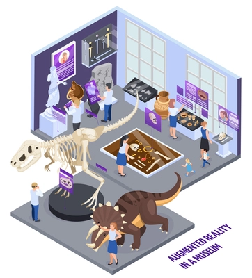 Modern historical museum augmented reality hall with 3d dinosaurs reconstruction info display visitors isometric composition vector illustration