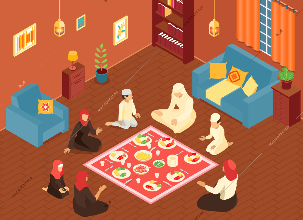 Arab family having dinner on floor at home 3d isometric vector illustration