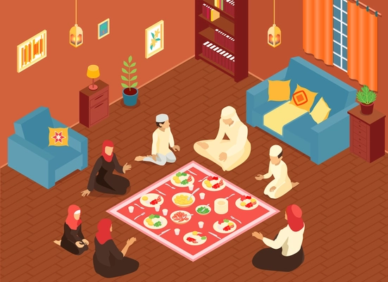 Arab family having dinner on floor at home 3d isometric vector illustration