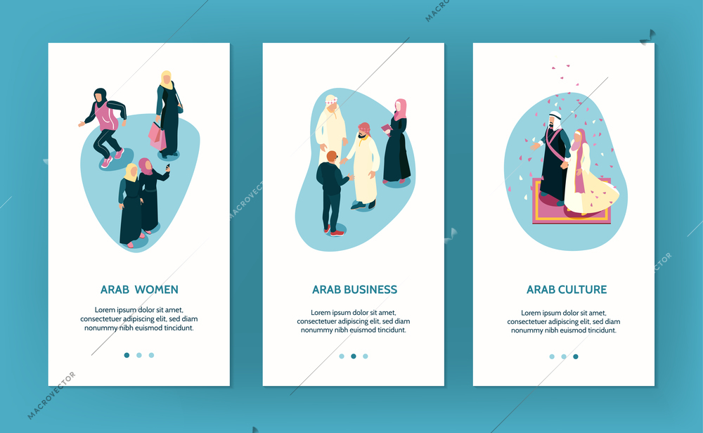 3d isometric set of vertical banners with arab family characters isolated vector illustration