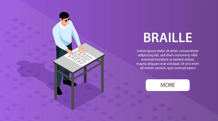 Blind man reading braille through touch isometric horizontal banner with purple raised dots patterns background vector illustration