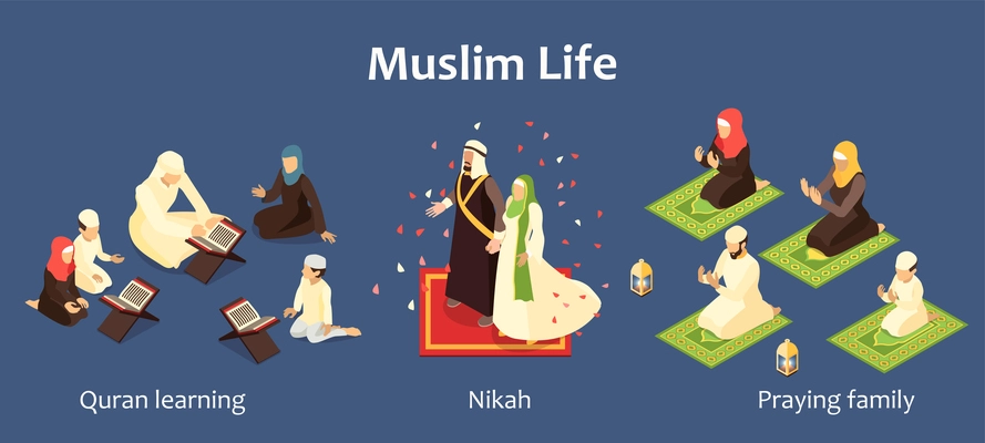 Isometric set with arab family characters learning quran praying and getting married 3d isolated vector illustration