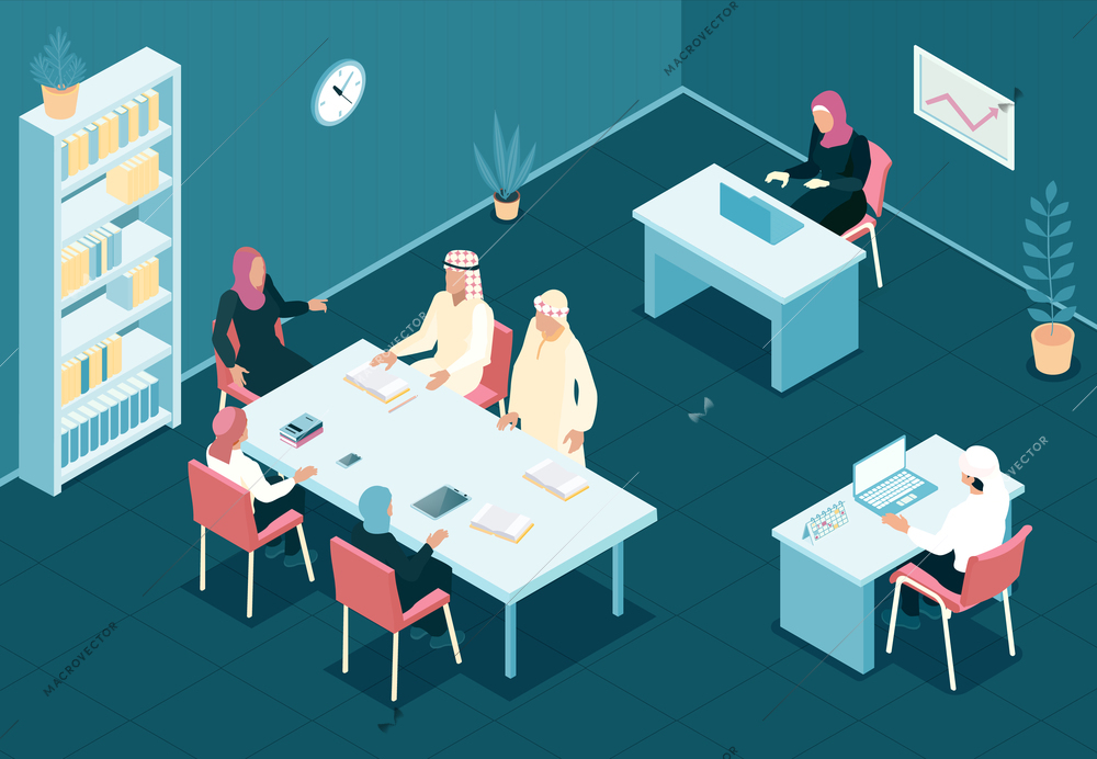 Arab family working together in office 3d isometric vector illustration