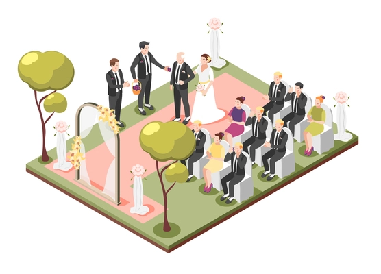 Wedding isometric composition of holiday ceremony with father of bride leading daughter to altar vector illustration