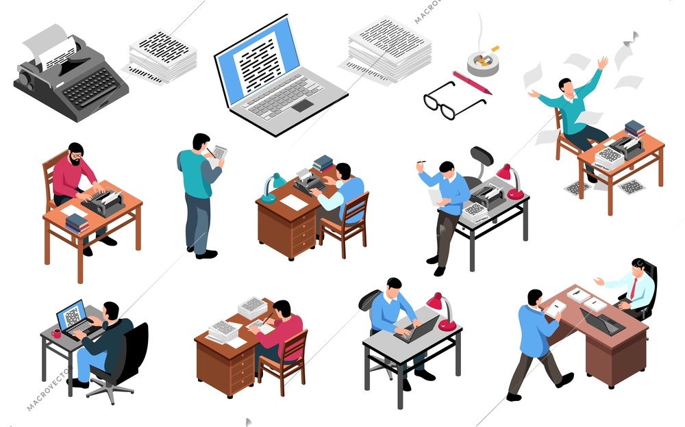 Writer at work isometric icons set with creative process workplace attributes typewriter laptop publisher office  isometric illustration