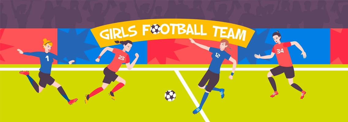 Football woman horizontal composition with stadium background silhouettes of fans and characters of girls with ball vector illustration