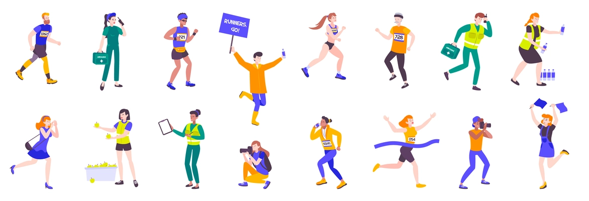 Marathon running sport set of isolated doodle style human characters with athletes doctors fans and supporters vector illustration