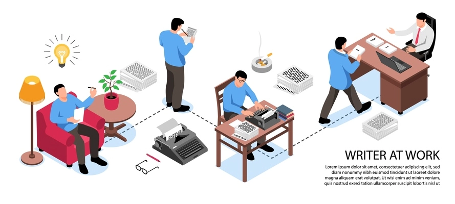 Writer at work horizontal isometric infographic composition from getting inspirational idea to publishers office flowchart vector illustration