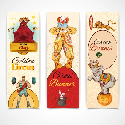 Traveling chapiteau circus advertising fantastic clown performance three vertical vintage banners set isolated doodle sketch vector illustration