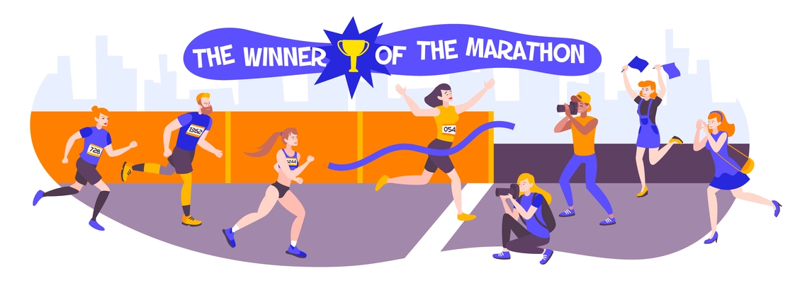 Winner runner horizontal composition with cityscape silhouette background and doodle characters of running people with text vector illustration