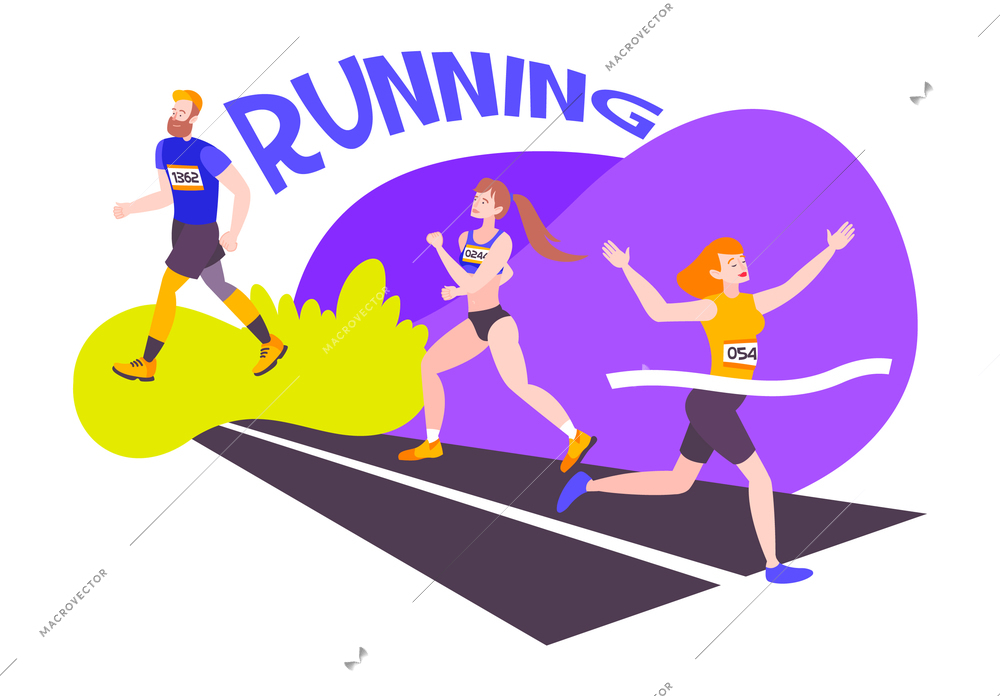 Sport composition of people characters with uniform numbers and flat image of race track with text vector illustration