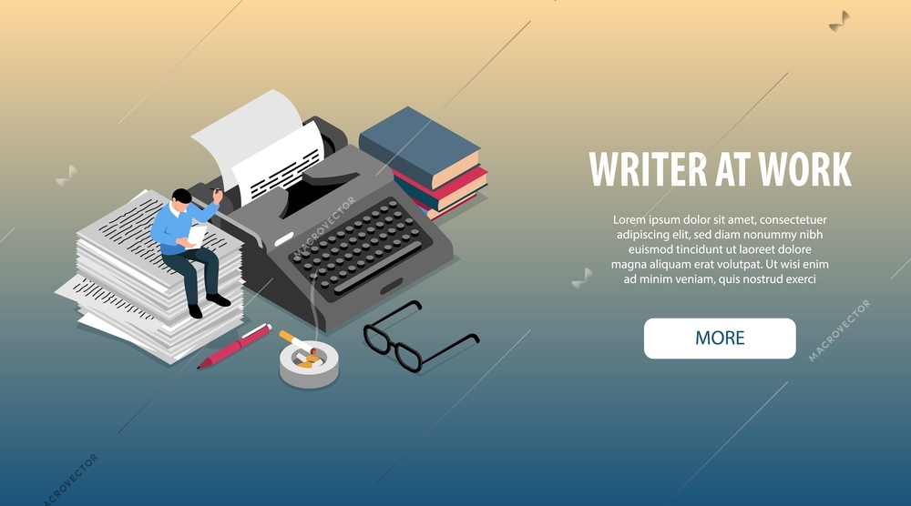 Writer at work attributes accessories tools isometric horizontal web banner with  books typewriter glasses pen vector illustration