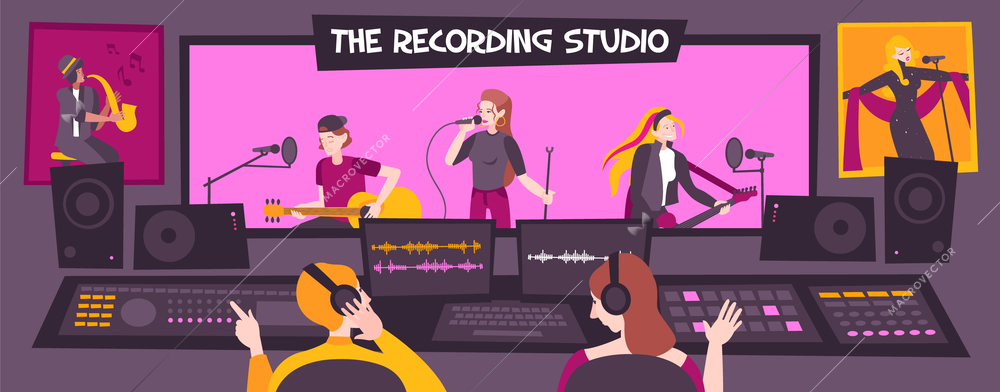 Colored and flat recording studio composition with the recording studio description group sings songs vector illustration