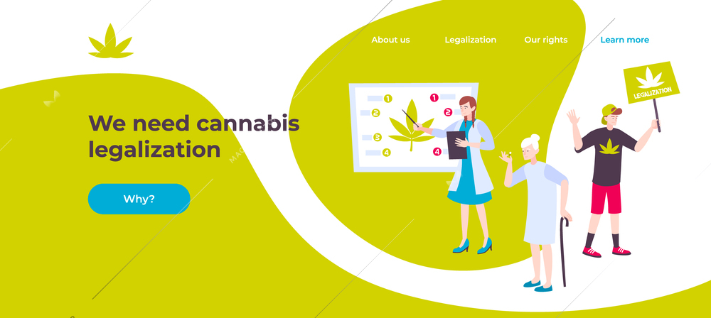 Web page cannabis banner with we need cannabis legalization headline and button why vector illustration