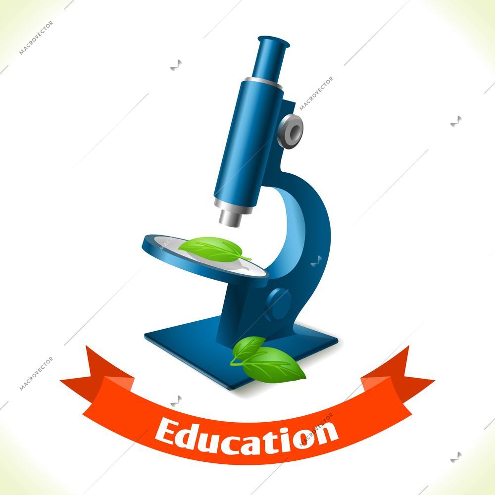 Realistic school microscope icon with ribbon banner isolated on white background vector illustration