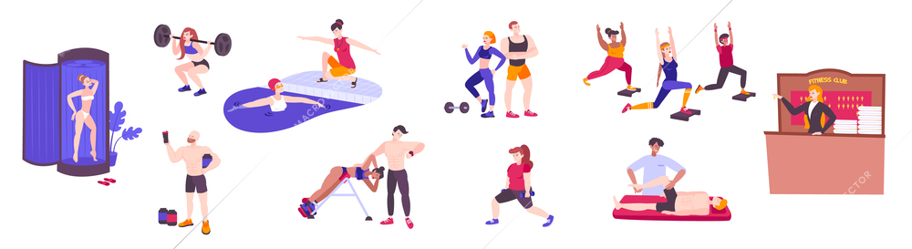 Fitness club set with isolated doodle human characters of training people with sport equipment gymnastic apparatus vector illustration