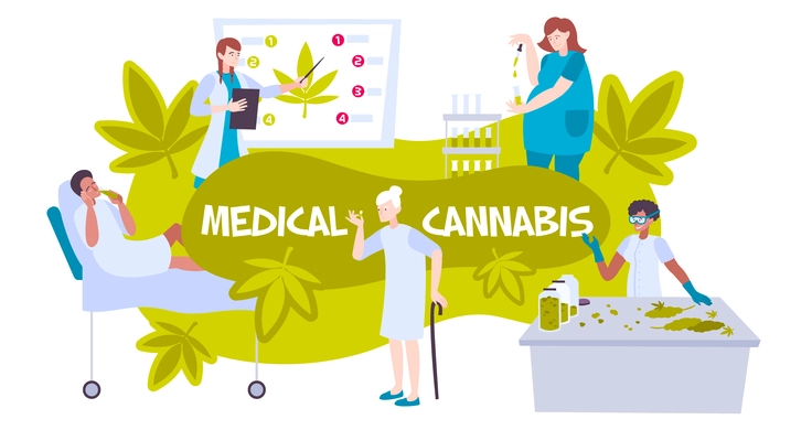 Cannabis medicine composition with medical cannabis description and patient in hospital receive treatment vector illustration