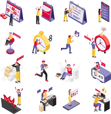 Set of sixteen isolated deadline isometric icons with compositions of human characters and personal organizer items vector illustration