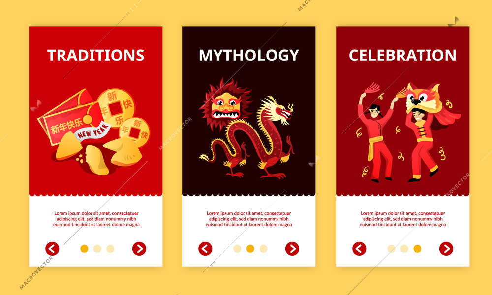 Chinese new year celebration traditions mythology 3 colorful vertical banners with  dragon red envelopes mask vector illustration