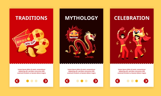 Chinese new year celebration traditions mythology 3 colorful vertical banners with  dragon red envelopes mask vector illustration