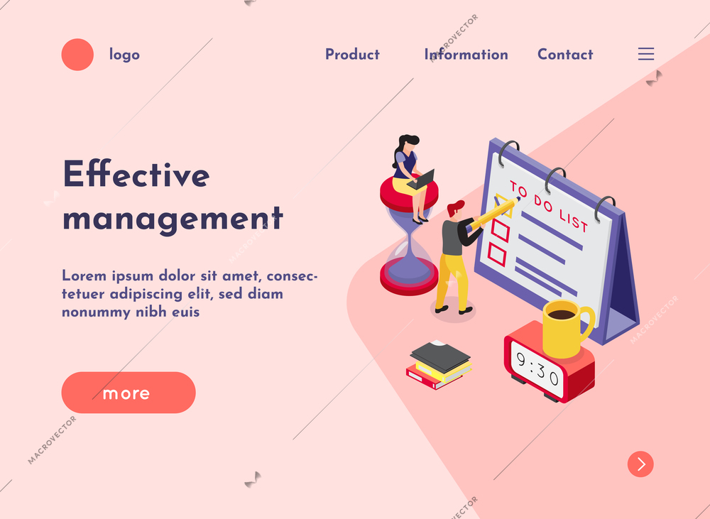 Deadline isometric web site landing page with composition of images clickable links text and more button vector illustration