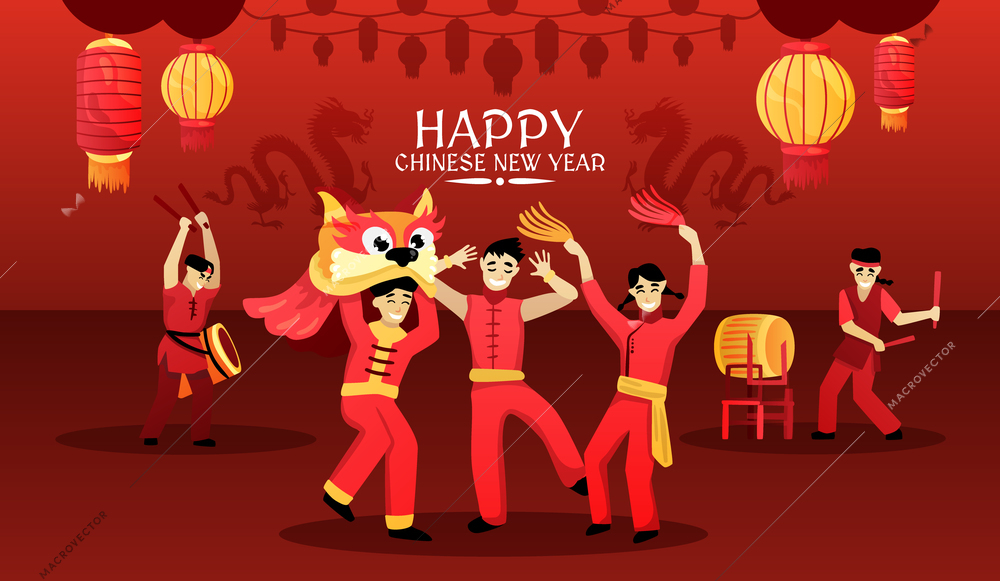 Chinese happy new year card poster with traditional festive celebration red lanterns lion dance performance vector illustration