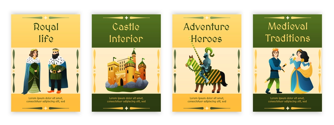 Medieval kingdom 4 flat posters set with royal couple traditions heroes knights  adventures castle isolated vector illustration