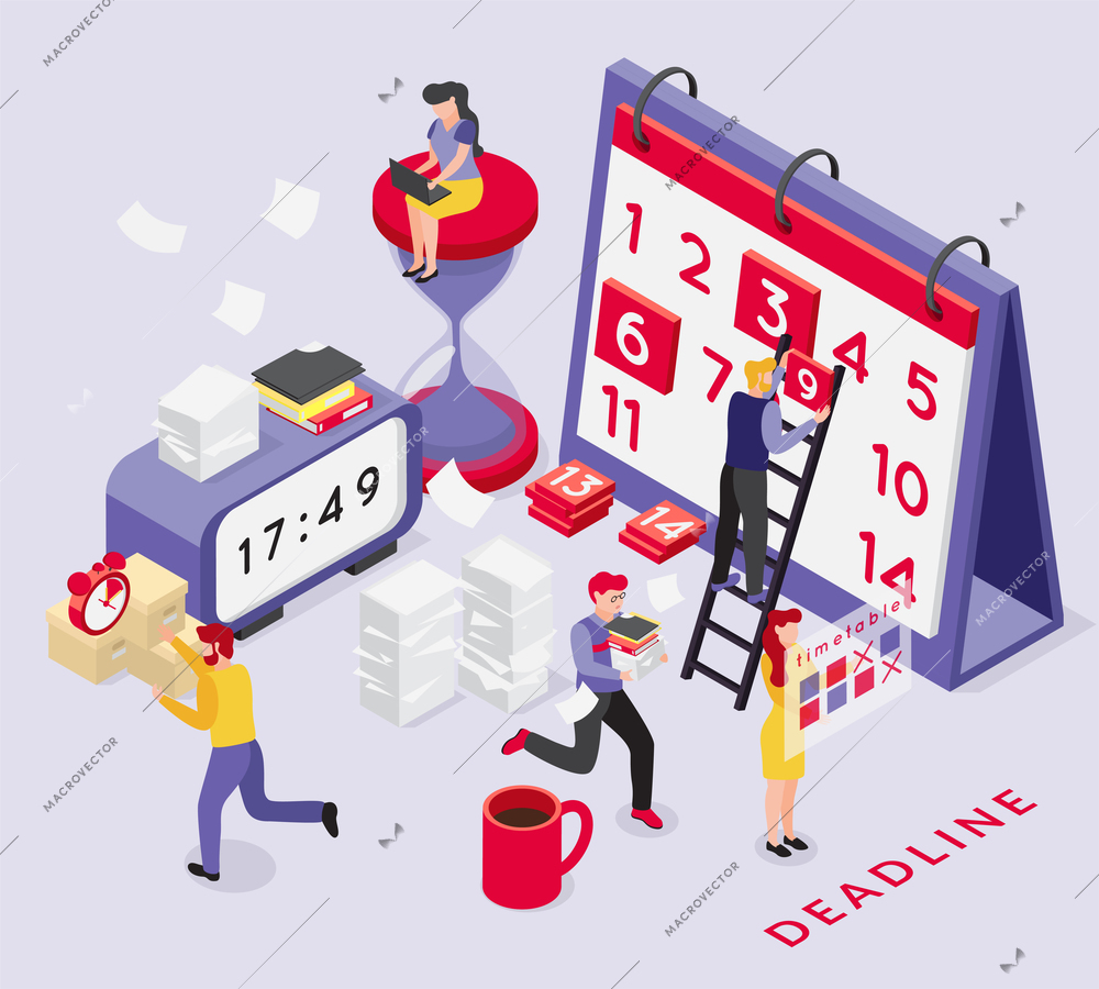 Deadline isometric composition with conceptual images of calendar clocks and running people with text and shadows vector illustration