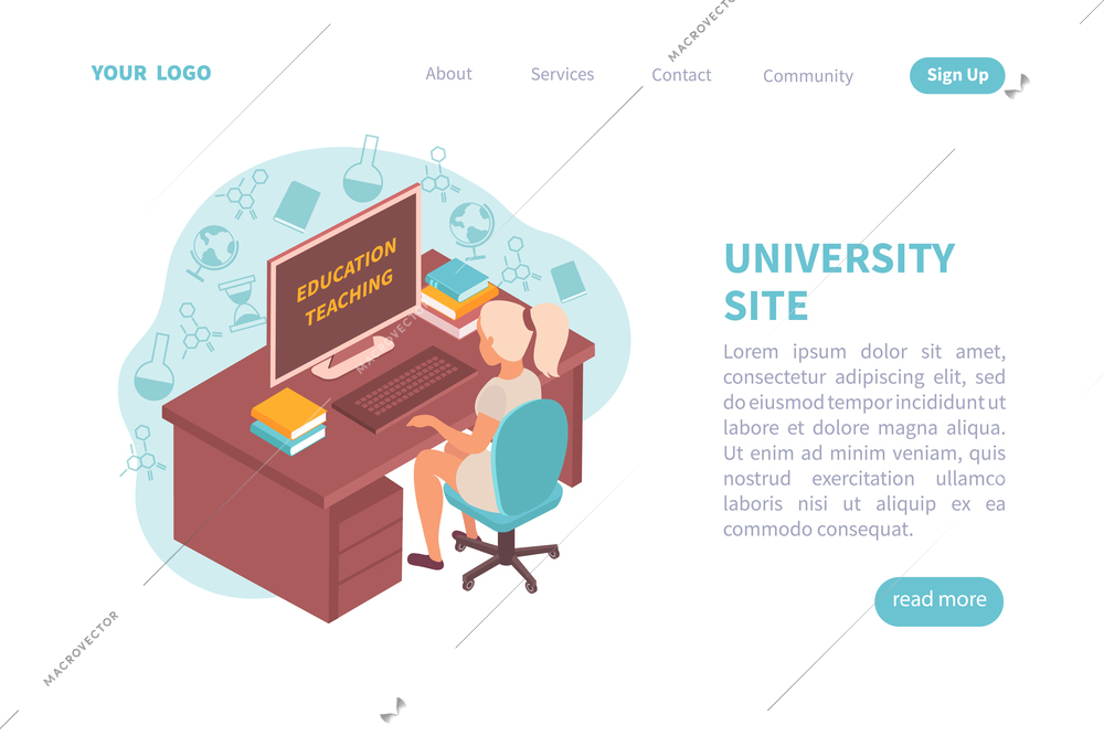 University web site landing page layout with place for text information about education and teaching isometric vector illustration