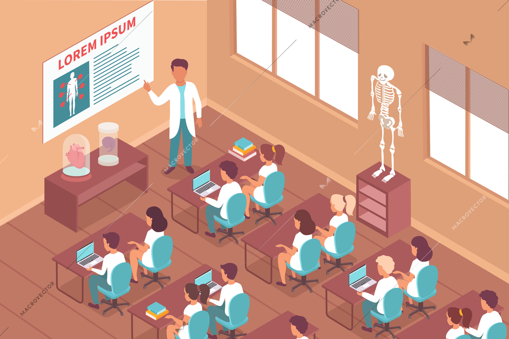 Students education in college isometric background with teacher conducting lesson in classroom vector illustration