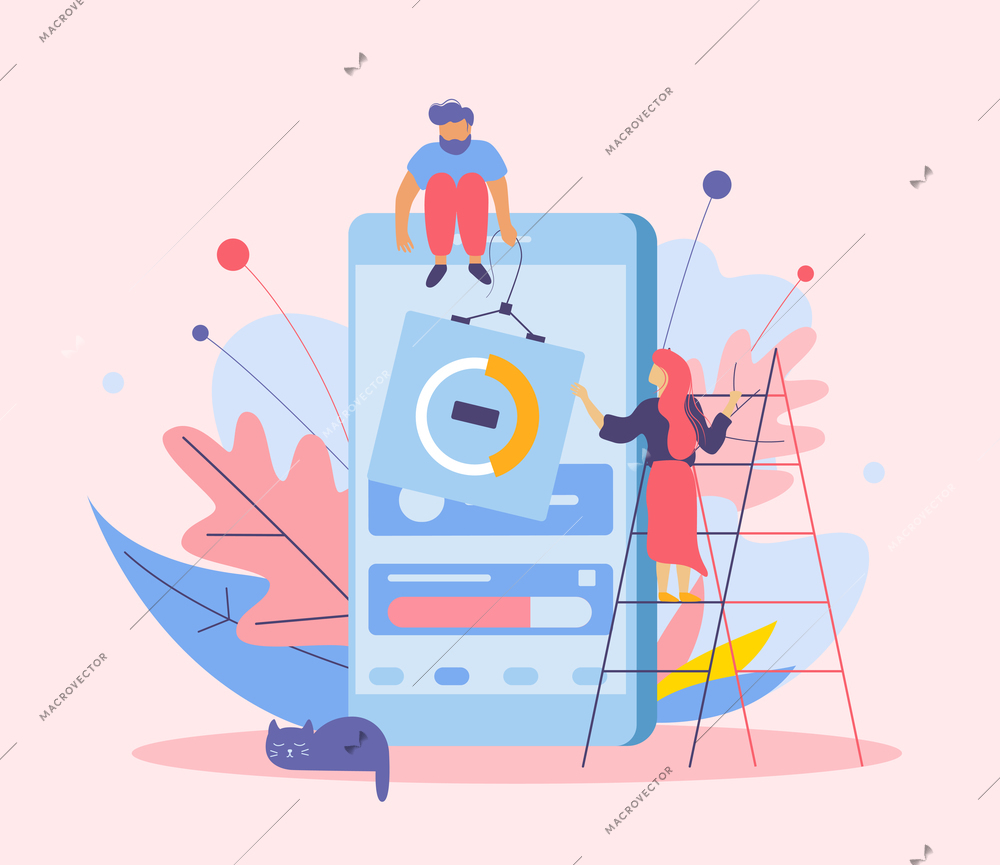 Web development flat composition with doodle human characters images of smartphone ladders and flowers with leaves vector illustration