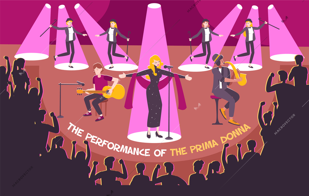 Concert scene flat composition with the performance of the prima donna headline vector illustration