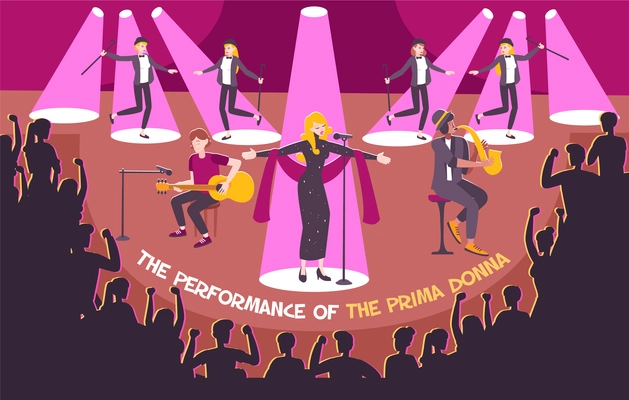 Concert scene flat composition with the performance of the prima donna headline vector illustration