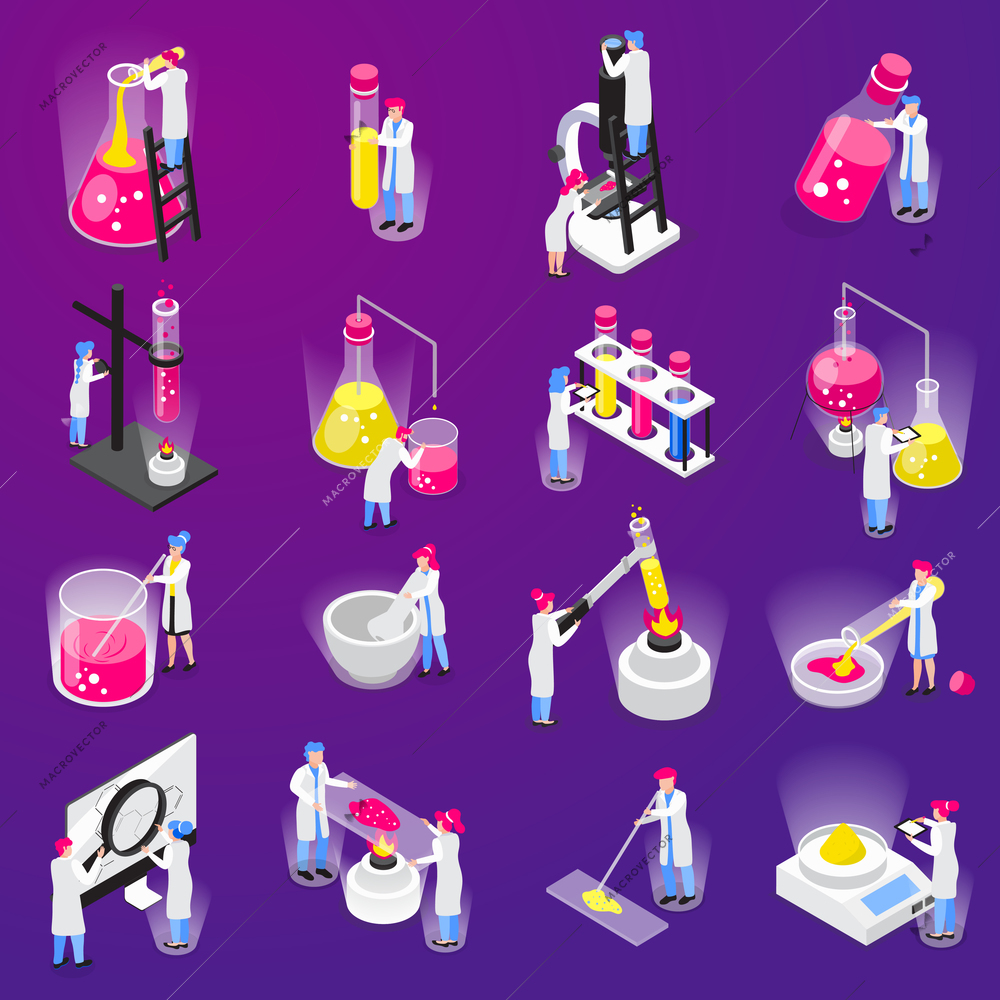 Chemistry isometric icons collection with sixteen isolated images human characters of scientists test tubes and appliances vector illustration