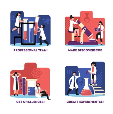 Science lab concept 4 flat colorful compositions with professional team challenges experiments discoveries symbols isolated vector illustration