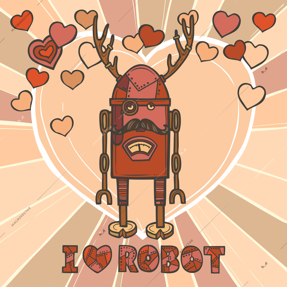 Funky robot hipster retro humanoid with mustaches and hearts on background design poster vector illustration