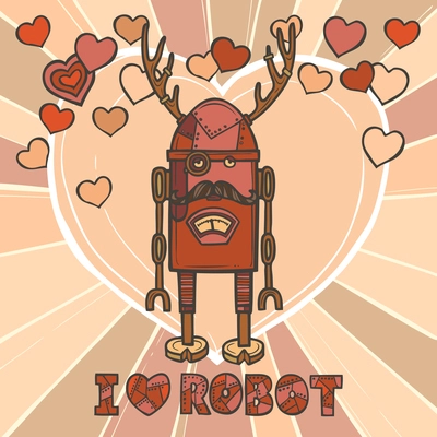 Funky robot hipster retro humanoid with mustaches and hearts on background design poster vector illustration