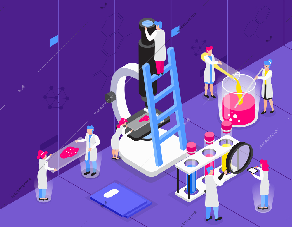 Chemistry isometric composition with indoor scenery and small people characters with microscope and transparent glass tubes vector illustration