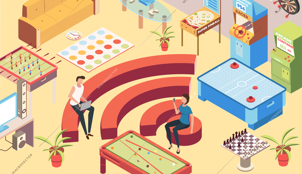 Recreation room isometric background with wifi zone  symbols vector illustration