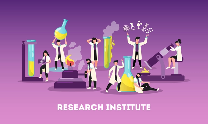 Science research institute professional team at work flat funny symbolic composition with microscope and retorts vector illustration