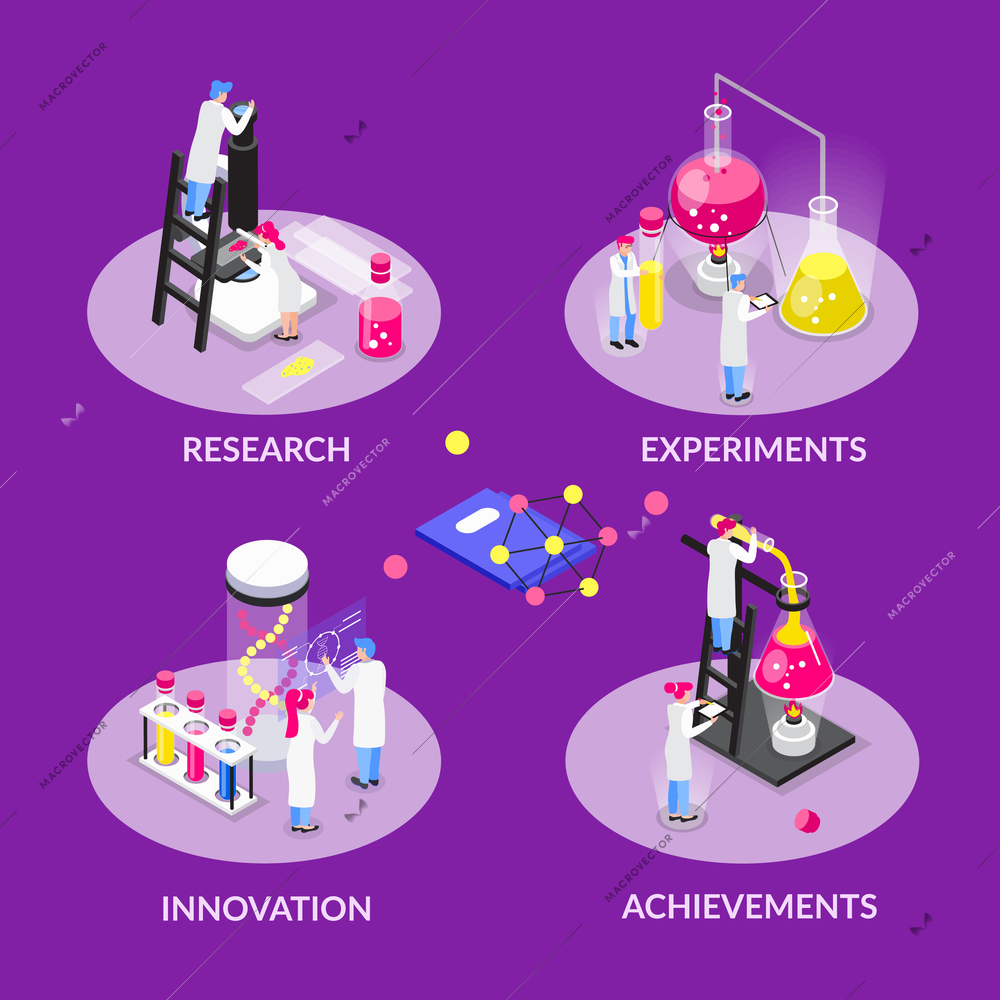 Chemistry isometric composition with set of round compositions with text captions human characters and laboratory equipment vector illustration