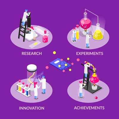 Chemistry isometric composition with set of round compositions with text captions human characters and laboratory equipment vector illustration