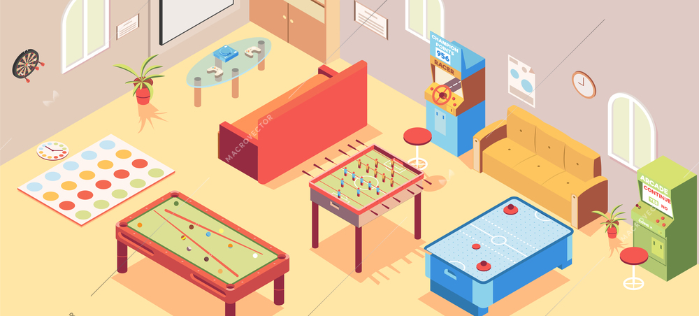 Recreation room isometric background with billiards twister and table tennis vector illustration