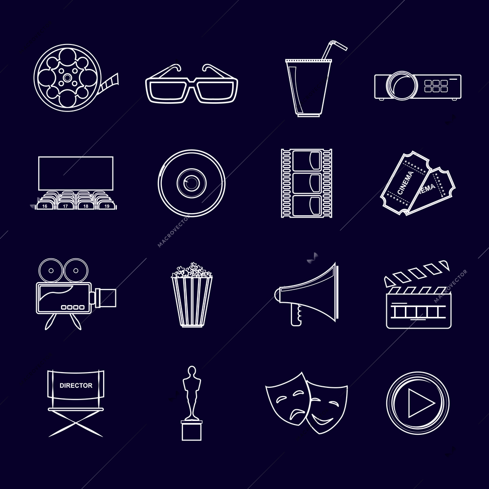 Cinema movie entertainment film outline icons elements set isolated vector illustration