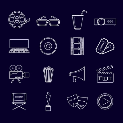 Cinema movie entertainment film outline icons elements set isolated vector illustration