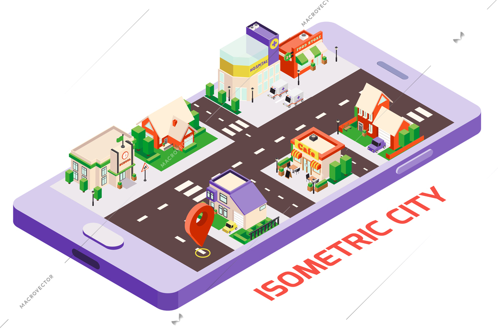 Isometric city buildings smartphone map composition with image of gadget and town block with location sign vector illustration